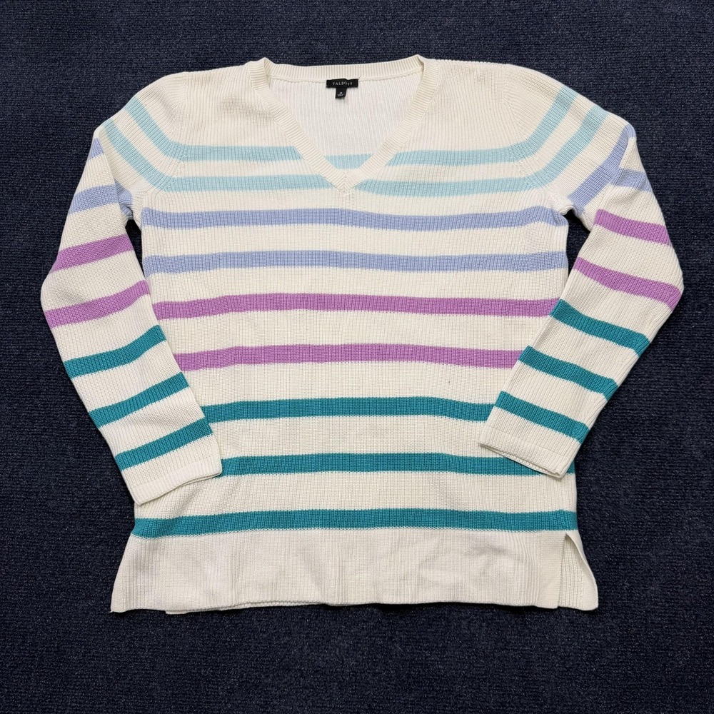Talbots Sweater Womens Medium Multicolor V Neck Striped Tight-Knit Pullover